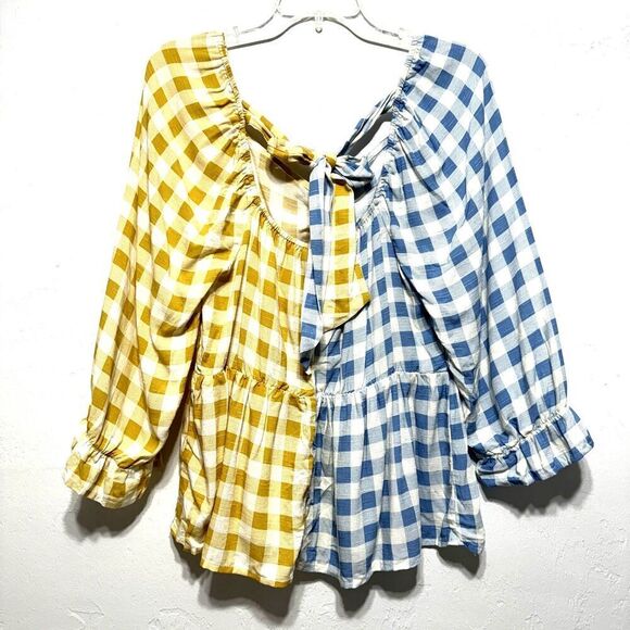 NWT Cato Blouse Balloon Sleeves Yellow & Blue Check Shirt Top Womens Size Large - Picture 10 of 10